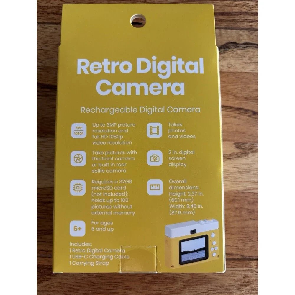 Retro Digital Camera Compact Full HD 1080p Rechargeable Yellow USB-C 2in Screen